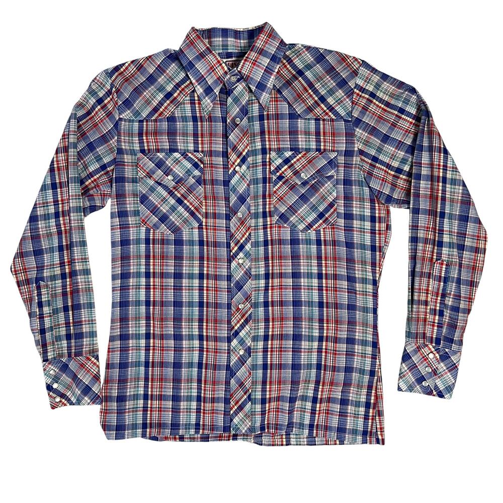 Vintage 70s Western Pearl Snap Button Plaid Shirt Mens M Retro Americana
